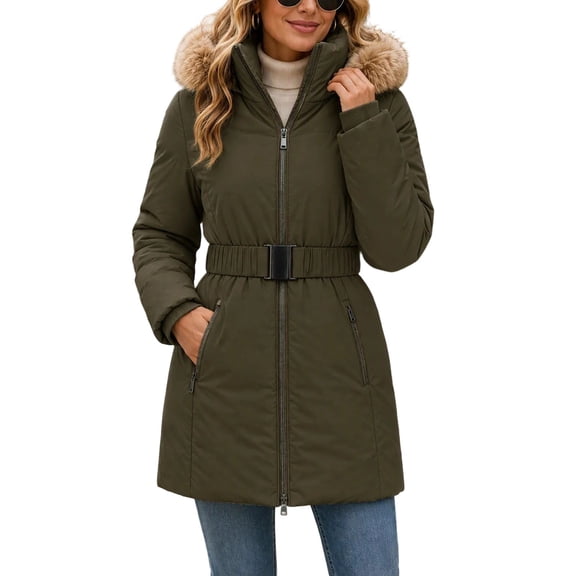 Luvrsol Womens Winter Coats Belted Mid-Length Puffer Coat Faux Fur Trim Hood Full Zip Warm Jacket, Army Green S-2XL