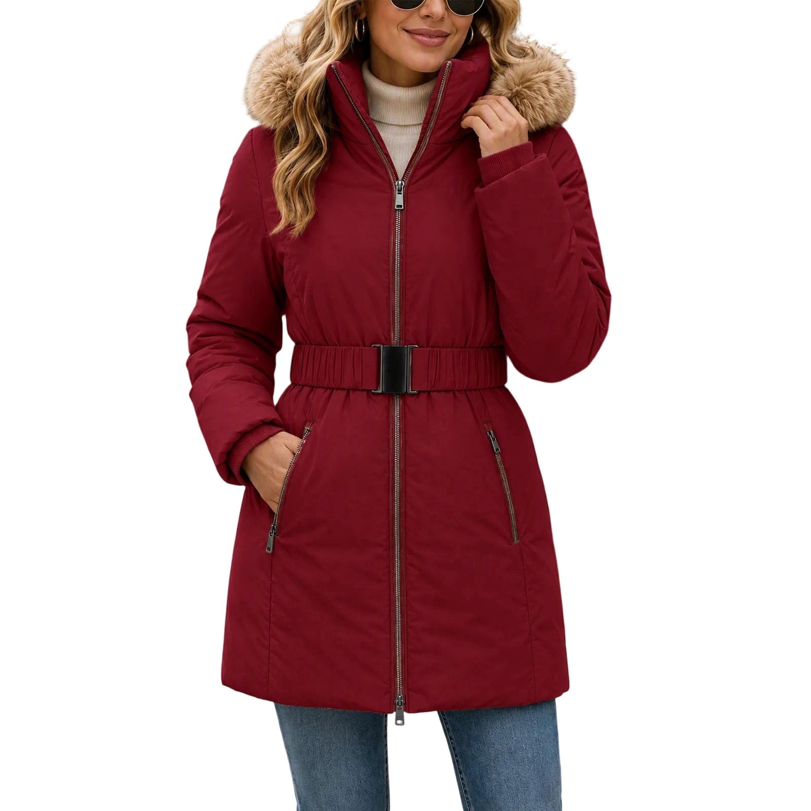 Luvrsol Womens Winter Coats Belted Mid-Length Puffer Coat Faux Fur Trim ...