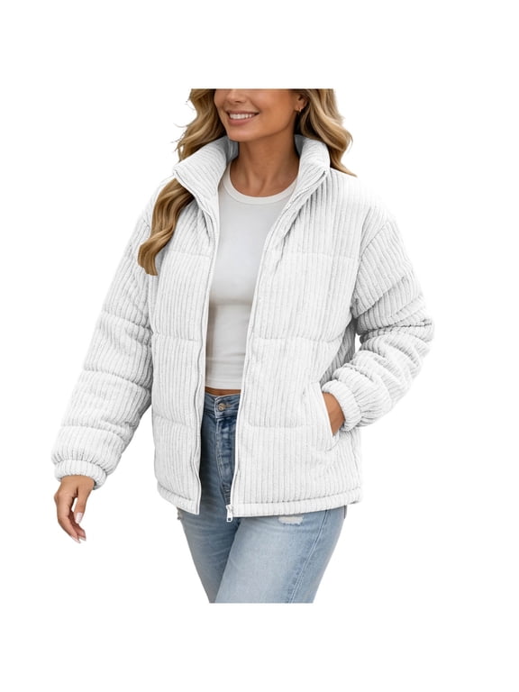 Womens Winter Coats Cotton Padded Winter Coat Stand Collar Vertical Ribbed Quilted Puffer Jacket, White S-2XL