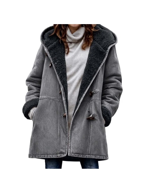 Womens Winter Coats Hooded Sherpa Lined Denim Duffle Coat Horn Toggle Button Mid Length Jacket, Dark Gray S-3XL