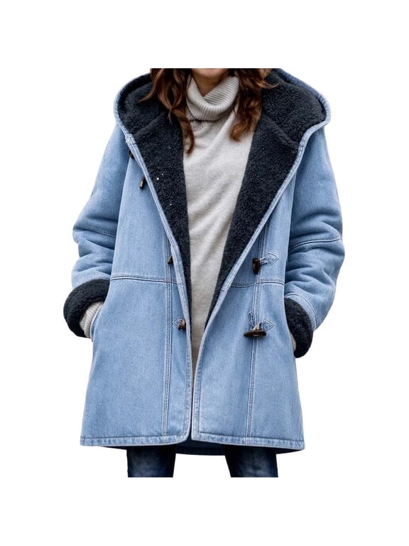 Womens Winter Coats Hooded Sherpa Lined Denim Duffle Coat Horn Toggle Button Mid Length Jacket, Light Blue S-3XL