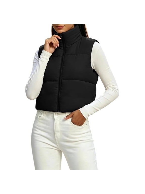 Womens Winter Jacket Stand Collar Cropped Puffer Vest Full Zip Sleeveless Lightweight Quilted Gilet, Black S-2XL