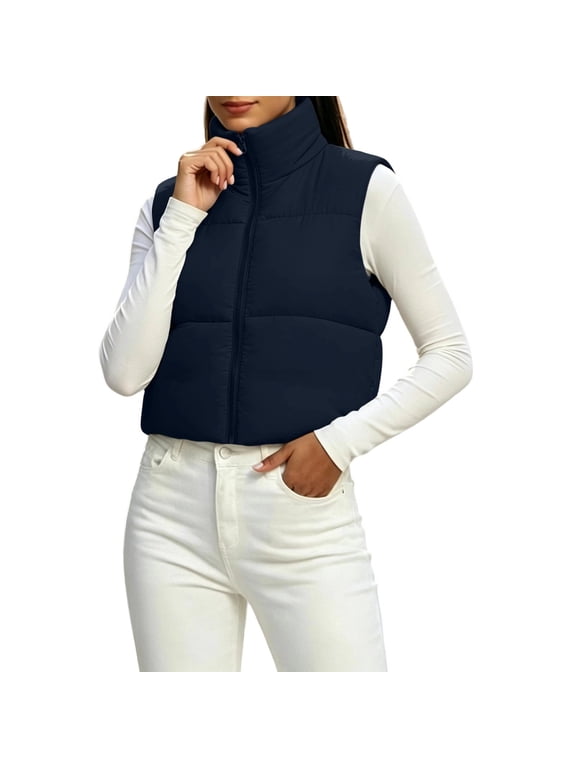 Womens Winter Jacket Stand Collar Cropped Puffer Vest Full Zip Sleeveless Lightweight Quilted Gilet, Navy S-2XL