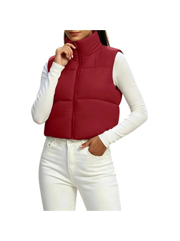 Womens Winter Jacket Stand Collar Cropped Puffer Vest Full Zip Sleeveless Lightweight Quilted Gilet, Red S-2XL