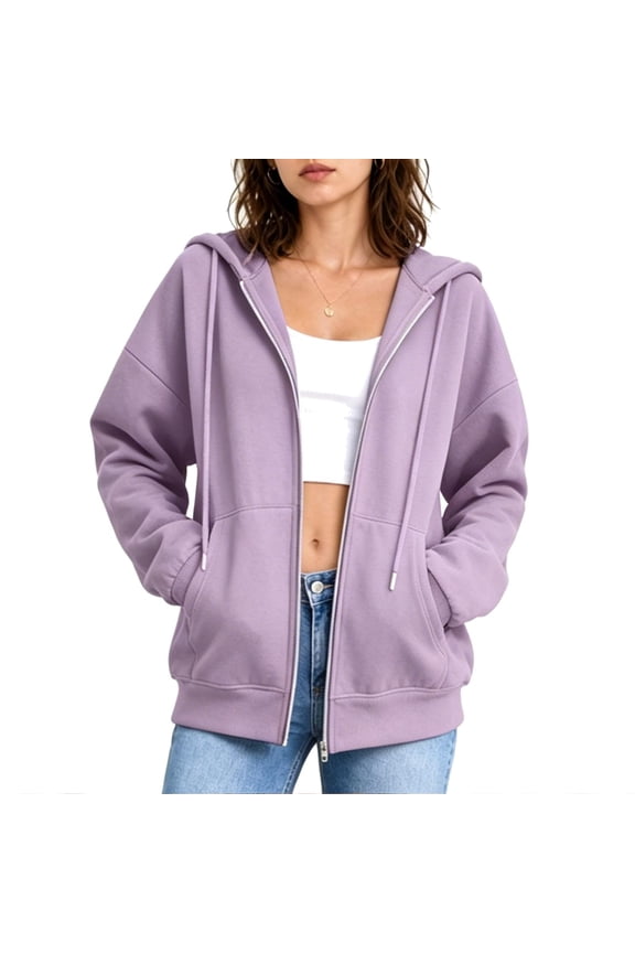 Zip Up Hoodies Women Basic Long Sleeve Hooded Zip Jacket Drawstring Sweat Top with Pockets S-2XL