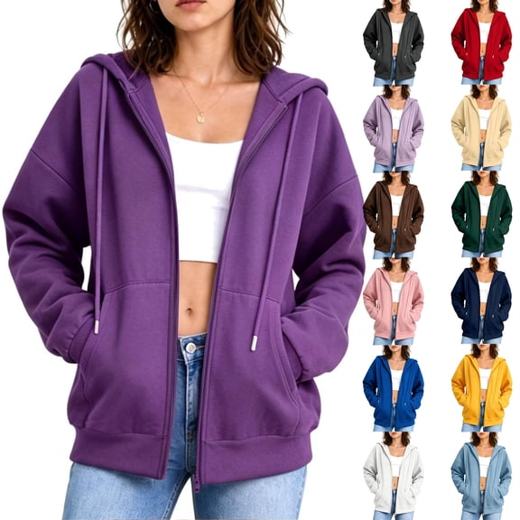 Luvrsol Zip Up Hoodies Women Basic Long Sleeve Hooded Zip Jacket Drawstring Sweat Top with Pockets S-2XL