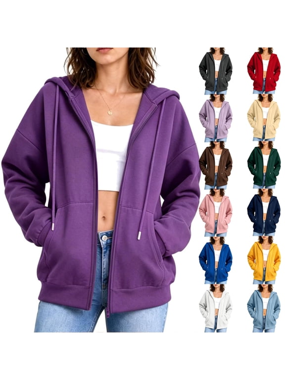 Zip Up Hoodies Women Basic Long Sleeve Hooded Zip Jacket Drawstring Sweat Top with Pockets S-2XL