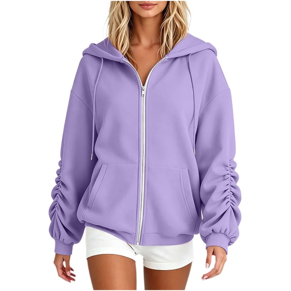 Luvrsol Zip Up Hoodies Women Lace Sleeves Drawstring Hoodie Jacket Outerwear with Pockets Sweatshirt S-2XL