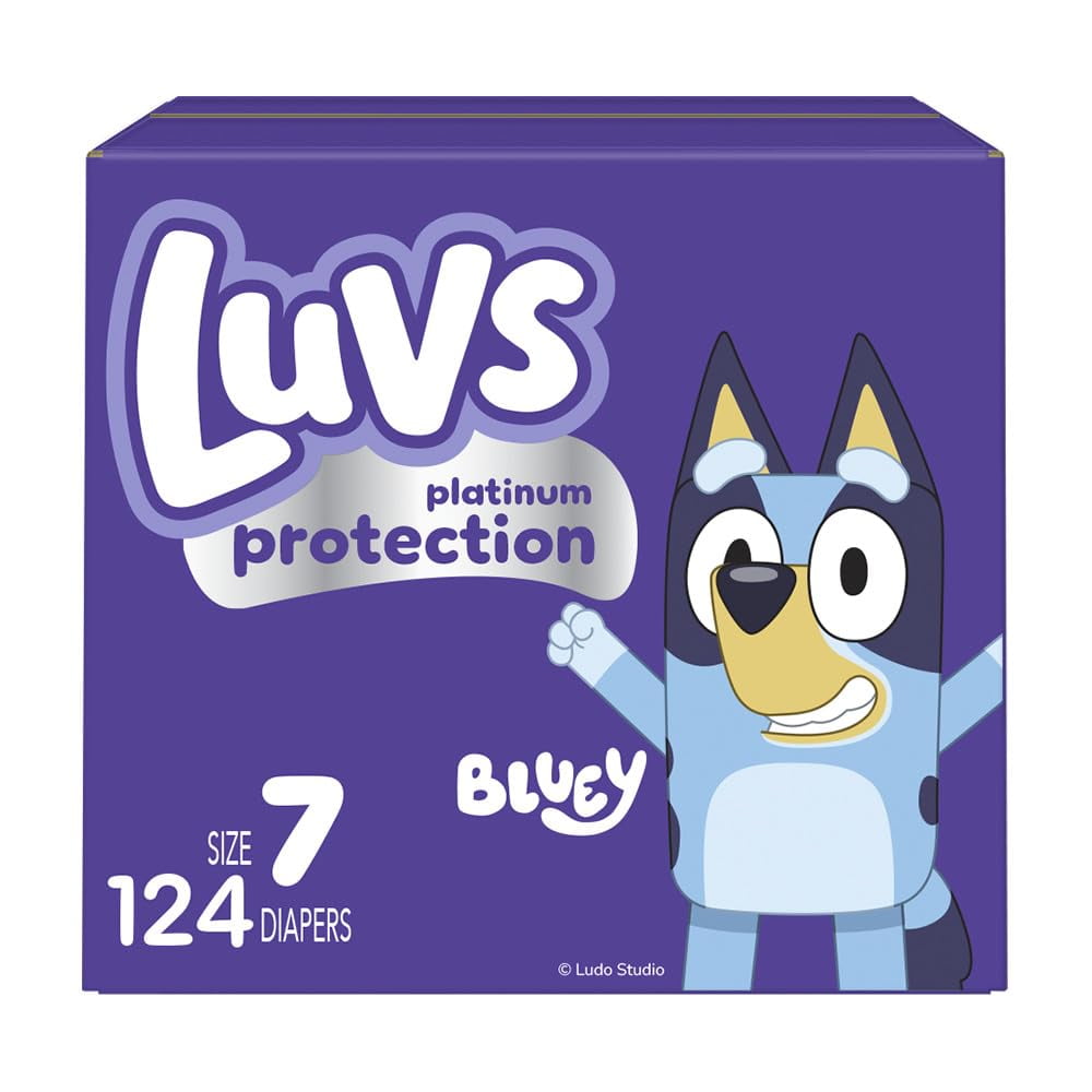Luvs Size 7 Baby Diapers, Platinum Protection Bluey Diapers for Day & Night,