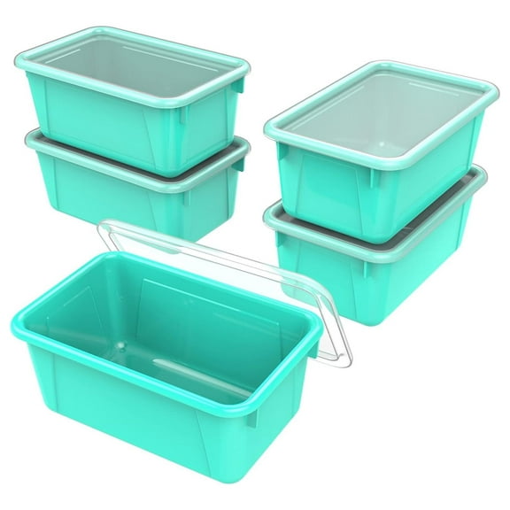 Luwei Small Cubby Bins Plastic Storage Containers for Classroom with Non-Snap Lid, 12.2 x 7.8 x 5.1 inches, Teal, 5-Pack (62412U05C)