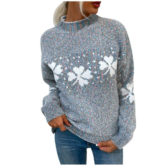 Luwomo Casual Christmas Sweaters Womens Long Sleeve High Neck Loose Fit Pullover Snowflake Graphic Knit Regular Tops,Dark Gray,L