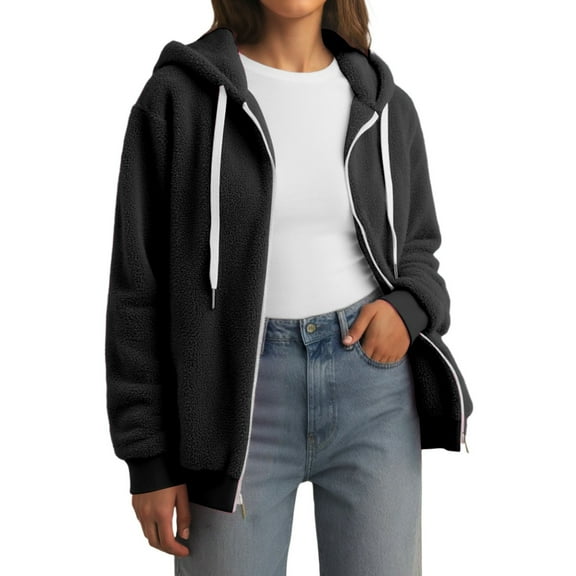 Luwomo Casual Jackets Womens Cozy Hooded Long Sleeve Winter Drawstring Loose Fit Coat Everyday Wear Blouses Black,2XL