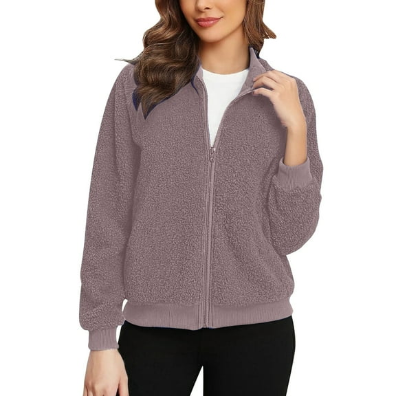 Luwomo Casual Fleece Jacketsfor Womens Soft Zip Up Cozy Lined Outerwear Long Sleeve Winter Warmth Lightweight Loose Fit Coat Regular Tops Purple,L