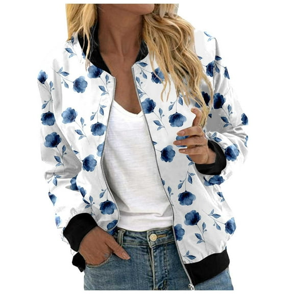 Luwomo Casual Jackets Womens Floral Print Round Neck Loose Fit Long Sleeve Coat Cardigan Blouses Blue,S