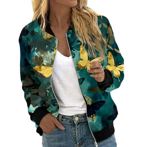 Luwomo Casual Jackets Womens Zip Up Jacket Floral Graphic Coat Stand Short Sports Zipper Outwear Blouses Green1,XL