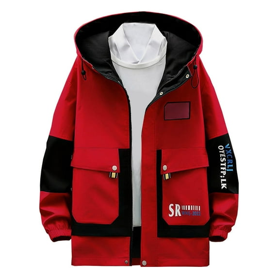 Luwomo Casual Jackets for Mens Mens Jackets Fall and Winter Hooded Long Sleeve Color Blocked Outdoor Style Loose Fit Coat with Pocket Tops Red,4XL