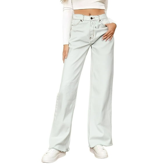 Luwomo Casual Jeans for Womens High Waist Wide Leg Comfortable Stretch Everyday Wear Flowy Long Trousers Solid Color Design Relaxed Fit Denim Pants White,S