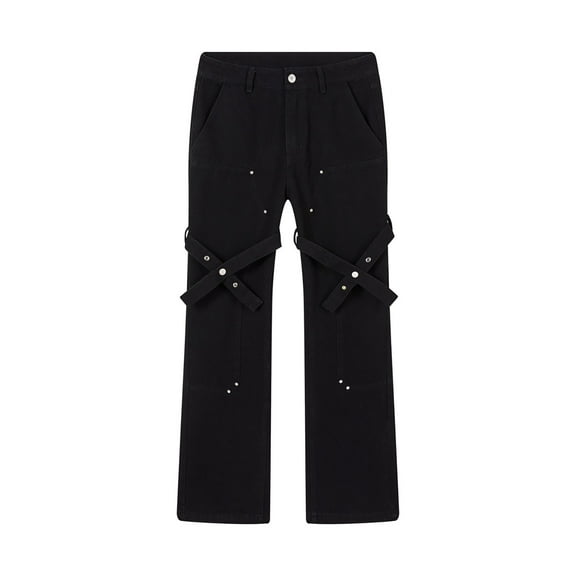 Luwomo Casual Jeans for Mens High Street Unisex Strap Detail Slim Fit Micro Flare Design Tapered Leg Trousers Denim Pants Black,S