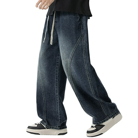 Luwomo Casual Jeans for Mens Loose Fit Elastic Waistband Long Wide Leg Drawstring Trousers Draped Design Relaxed Fit Denim Pants Blue,S