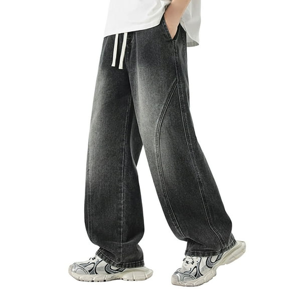 Luwomo Casual Jeans for Mens Loose Fit Elastic Waistband Long Wide Leg Drawstring Trousers Draped Design Relaxed Fit Denim Pants Grey,S