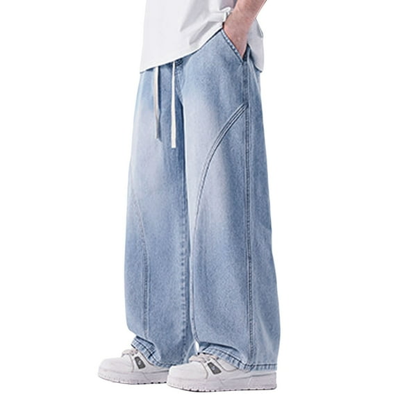 Luwomo Casual Jeans for Mens Loose Fit Elastic Waistband Long Wide Leg Drawstring Trousers Draped Design Relaxed Fit Denim Pants Light Blue,S
