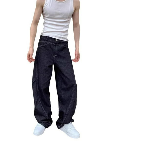Luwomo Casual Jeans for Mens Loose Fit Lightweight Long Wide Leg High Waist Trousers Everyday Wear Relaxed Fit Denim Pants Black,S