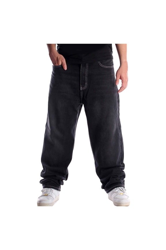 Casual Jeans for Mens Male Street Dance Skateboards Street Long Trousers High Waist Wide Leg Loose Fit Hop Denim Pants Black,34