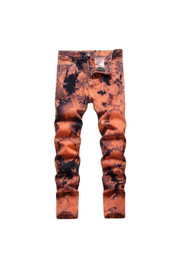Casual Jeans for Mens Washed Stretch Tie Dye Straight Leg High Waist Long Slim Fit Trousers Relaxed Fit Denim Pants Brown,30
