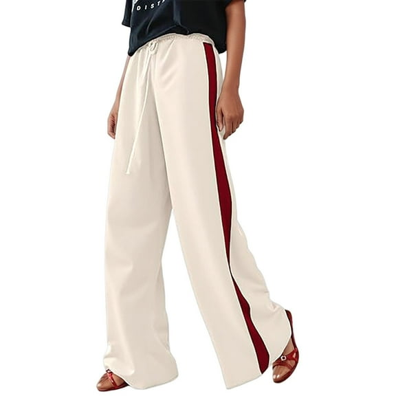 Luwomo Casual Pants Womens Thin Long Wide Leg Elastic Waist with Drawstring Side Stripes Straight Leg Loose Sweatpant Relaxed Fit Trousers Beige,XL