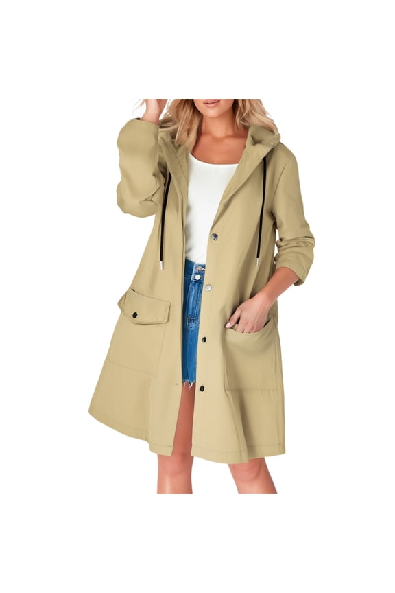 Casual Windbreaker Jackets Womens Hooded Long Sleeve Cardigan Trench Raincoat PU Material All Seasons Blouses Khaki,M