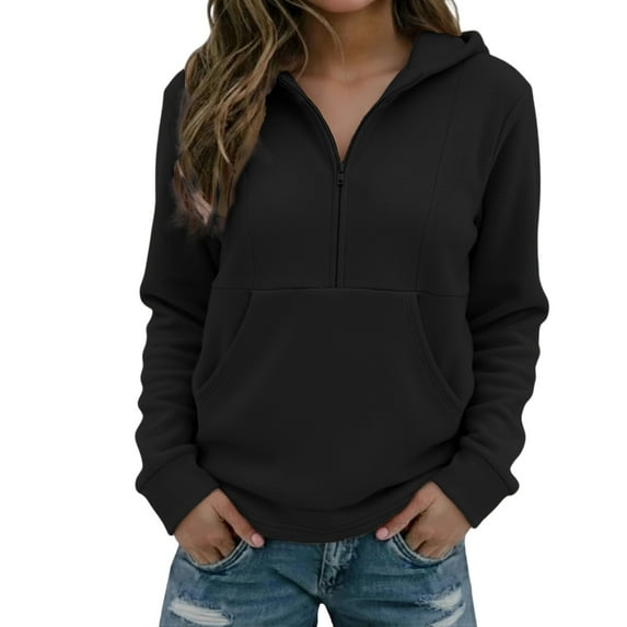 Luwomo Casual Womens Sweatshirts Cropped Half Zip Hoodie Long Sleeve Pullover Winter Fleece Lined Athletic Sweatshirt Comfortable Soft Streetwear Tops,Black,M