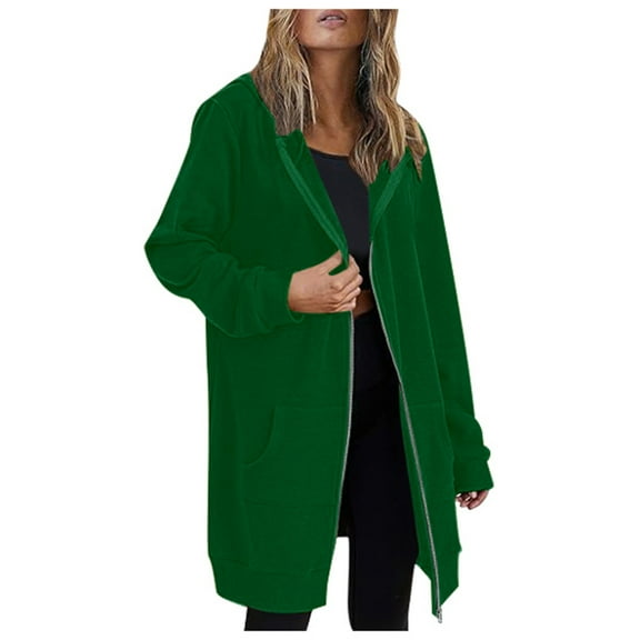 Luwomo Coats for Womens Fall Winter Warm Long Sleeve Hooded Drawstring Zipper Open Thin Long Cardigans Outwear Tops Green,4XL