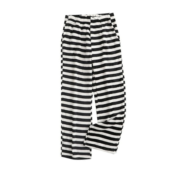 Luwomo Flannel Pants for Womens Flannel Pants Winter Warm Striped Pajama Elastic Waist Long Wide Leg Loose Fit Trousers Black,M