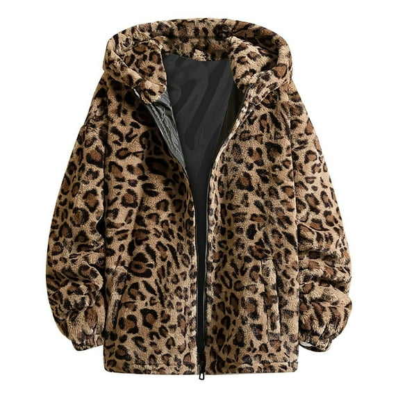 Luwomo Jackets for Mens Mens Leopard Print Hop Loose Fit Long Sleeve Hooded Padded Coat Tops Brown,2XL
