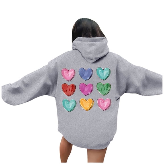 Luwomo Hoodies for Women Valentine's Day Hoodies Hearts Graphic Printed Crewneck Long Sleeve Loose Fit Pullover Blouses,B-Grey,S