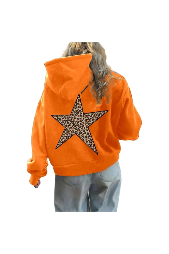 Hoodies for Womens Y2k Oversized Star Leopard Print Sweatshirts Cheetah Graphic Hooded Hoodie,Orange,L
