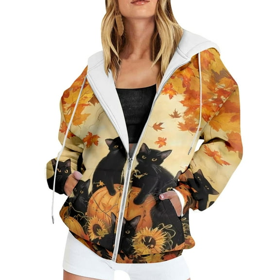 Luwomo Jackets Hoodie for Womens Zip Up Hoodie Loose Fit Maple Leaf Cats Graphic Print Pullover Fleece Sweatshirt with Front Pockets Regular Tops 1,L
