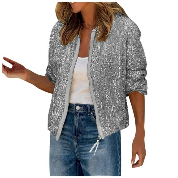 Luwomo Jackets for Womens Winter Sequined Long Sleeved Front Zipper Loose Fit Coat Tops Grey,L