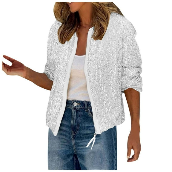 Luwomo Jackets for Womens Winter Sequined Long Sleeved Front Zipper Loose Fit Coat Tops White,M