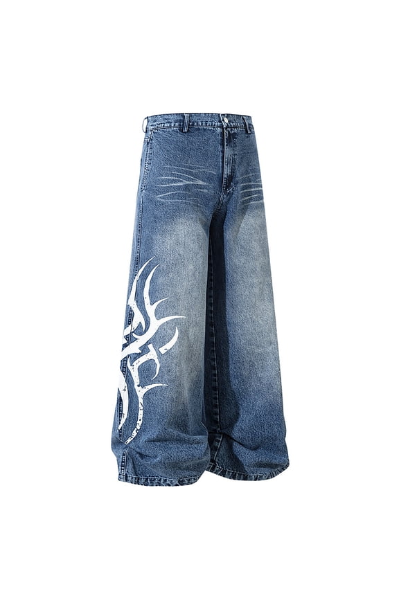Jeans Men High Waist Loose Floral Embroidery Reverse Black Wash Wide Leg Denim Pants