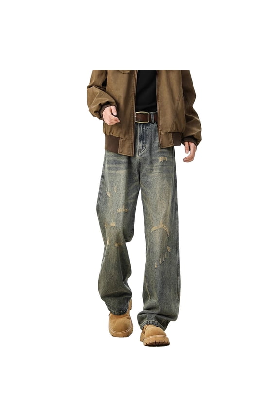 Jeans Men Washed Distressed Retro Wide Straight Leg Trousers Streetwear Denim Pants