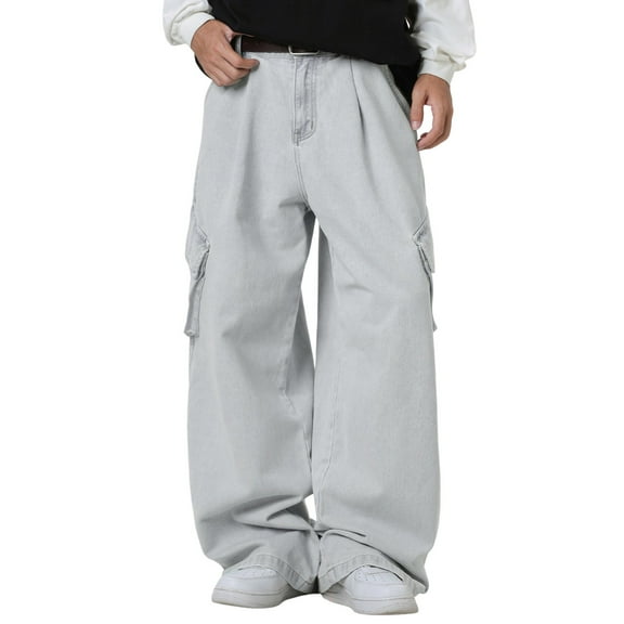 Luwomo Jeans for Mens Distressed Cargo Washed Workwear Long High Waist Wide Leg Trousers Stretch with Side Utility Pockets Denim Pants Blue,M