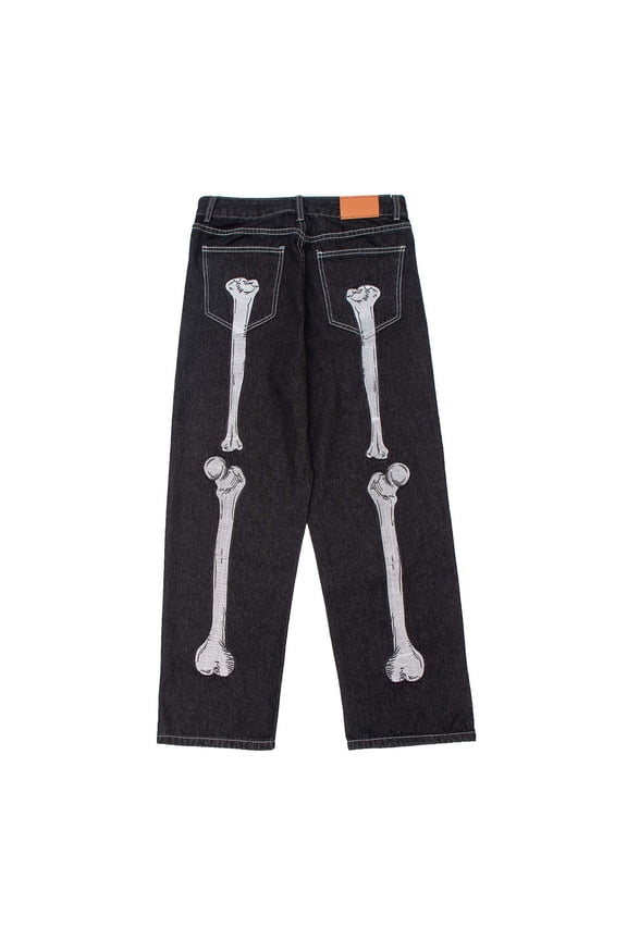 Jeans for Mens High Street Skeleton Print High Waist Wide Leg Straight Dark Trousers Denim Pants