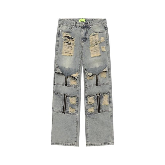 Luwomo Jeans for Mens High Waist Street Cut Design Zip Up Straight Wide Leg Long Trousers Loose Fit Streetwear Regular Denim Pants Yellow,S