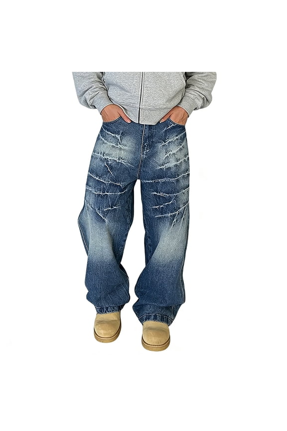 Jeans for Mens High Waist Wide Leg Distressed Retro Loose Trousers Streetwear Denim Pants