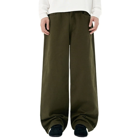 Luwomo Jeans for Mens Loose Fit Stretch Daily Wear Long High Waist Wide Leg Trousers Basic Solid Color with Pocket Denim Pants Green,XXL