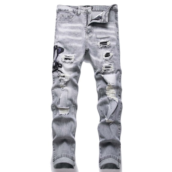Luwomo Jeans for Mens Retro Embroidered Slim High Waist Straight Leg Trousers Streetwear Denim Pants