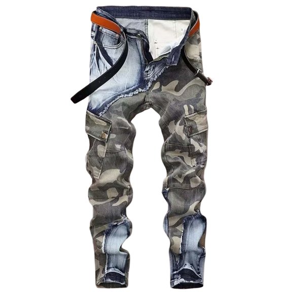 Luwomo Jeans for Mens Ripped Trend Colour Camo Print Slim Fit Style Long Straight Leg High Waist Trousers with Pockets Denim Pants Blue,30