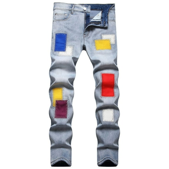 Luwomo Jeans for Mens Slim Fit Fashion Straight Leg High Waist Long Streetwear Color Graphic Embroidered Washed Trousers Denim Pants Blue,28