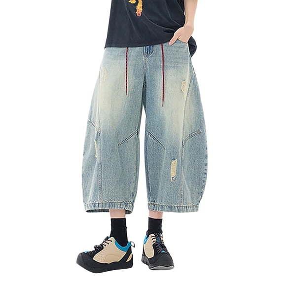 Luwomo Jeans for Mens Style Long High Waist Wide Leg Trousers Comfortable Wear Stylish Loose Fit Streetwear Denim Pants Blue,S